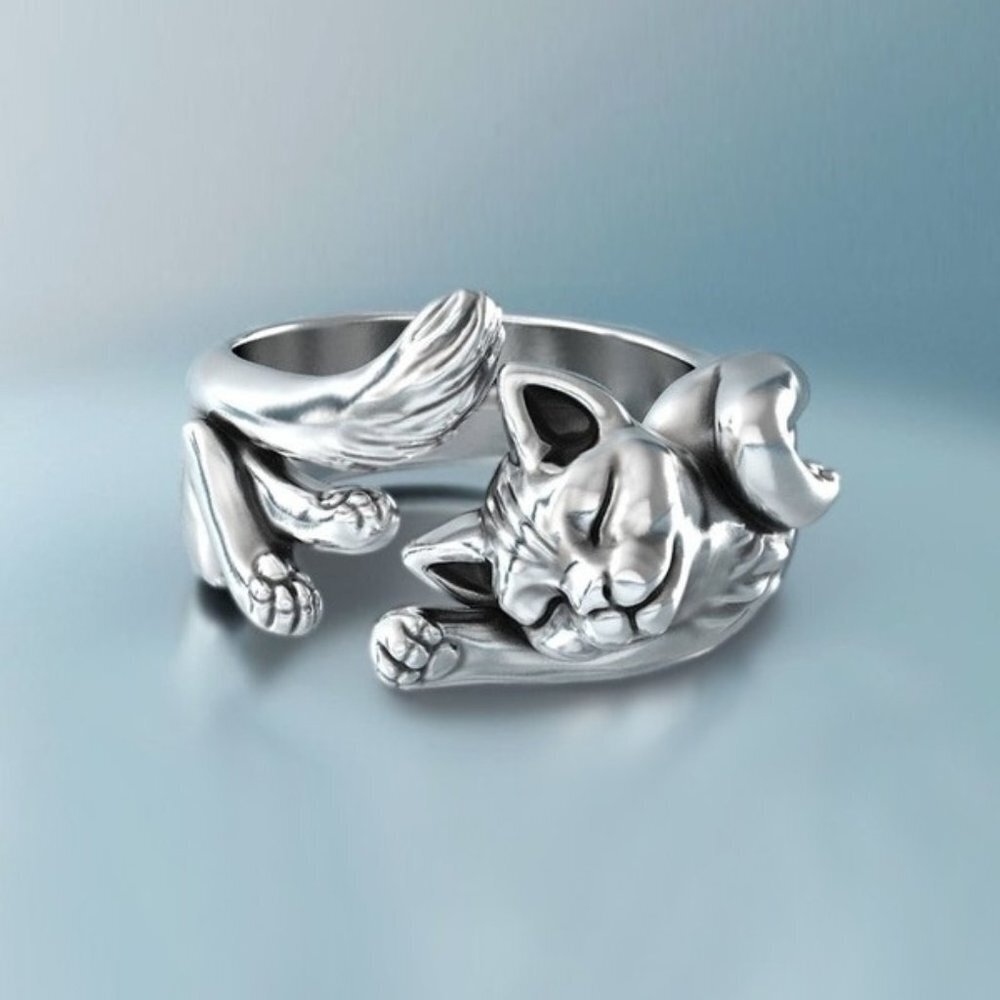 💍 Stretching Cat Simulation Cute Animal Silver Lovely Ring for Women, PD678